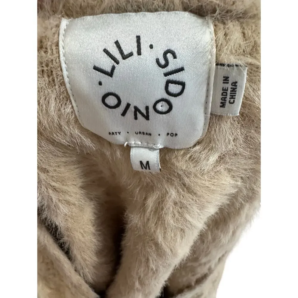 Lili Sidonio Fuzzy Eyelash Knit Cardigan Beige M Button Front